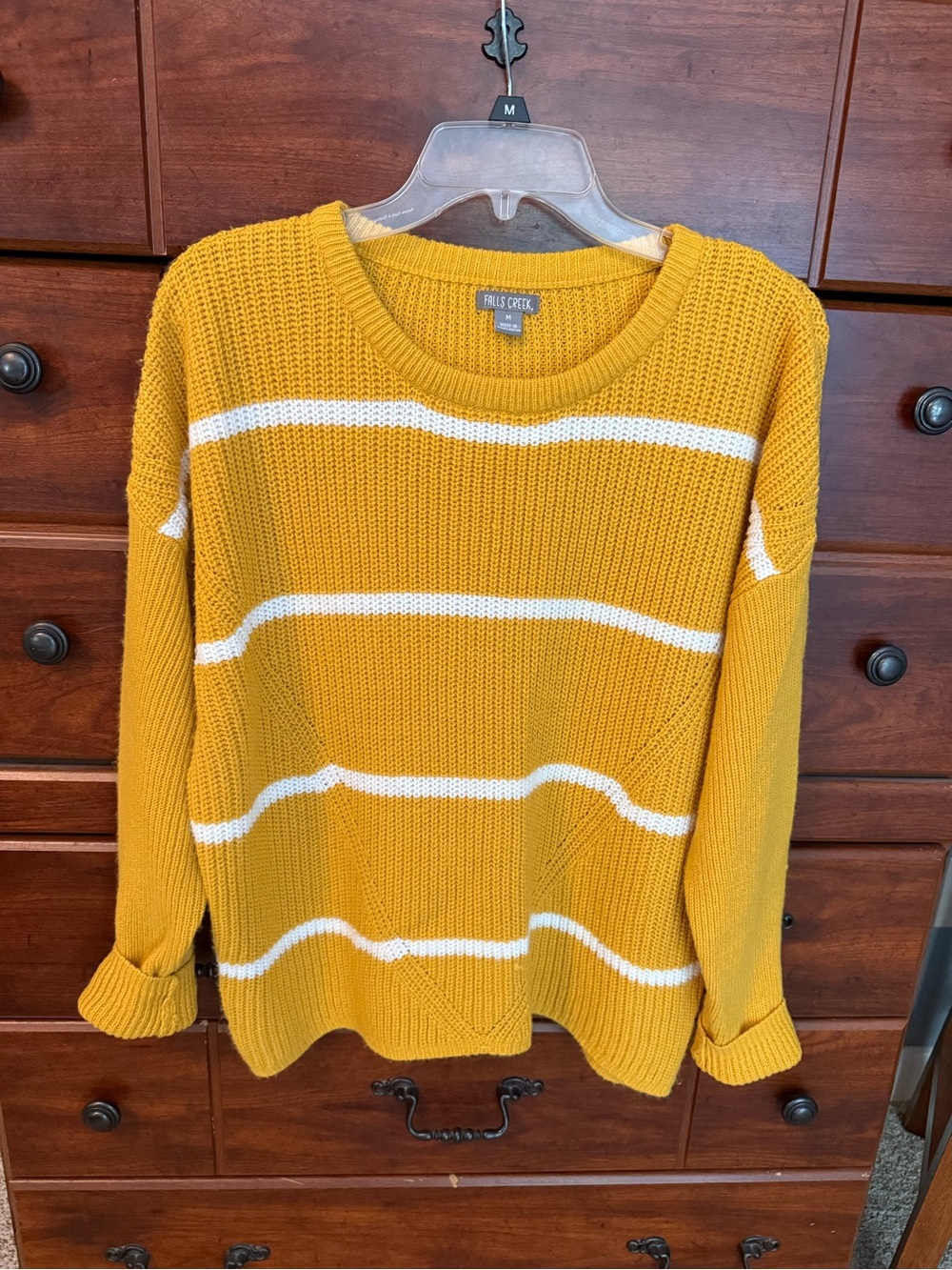 Falls Creek Mustard Yellow & White Striped Crewneck Sweater